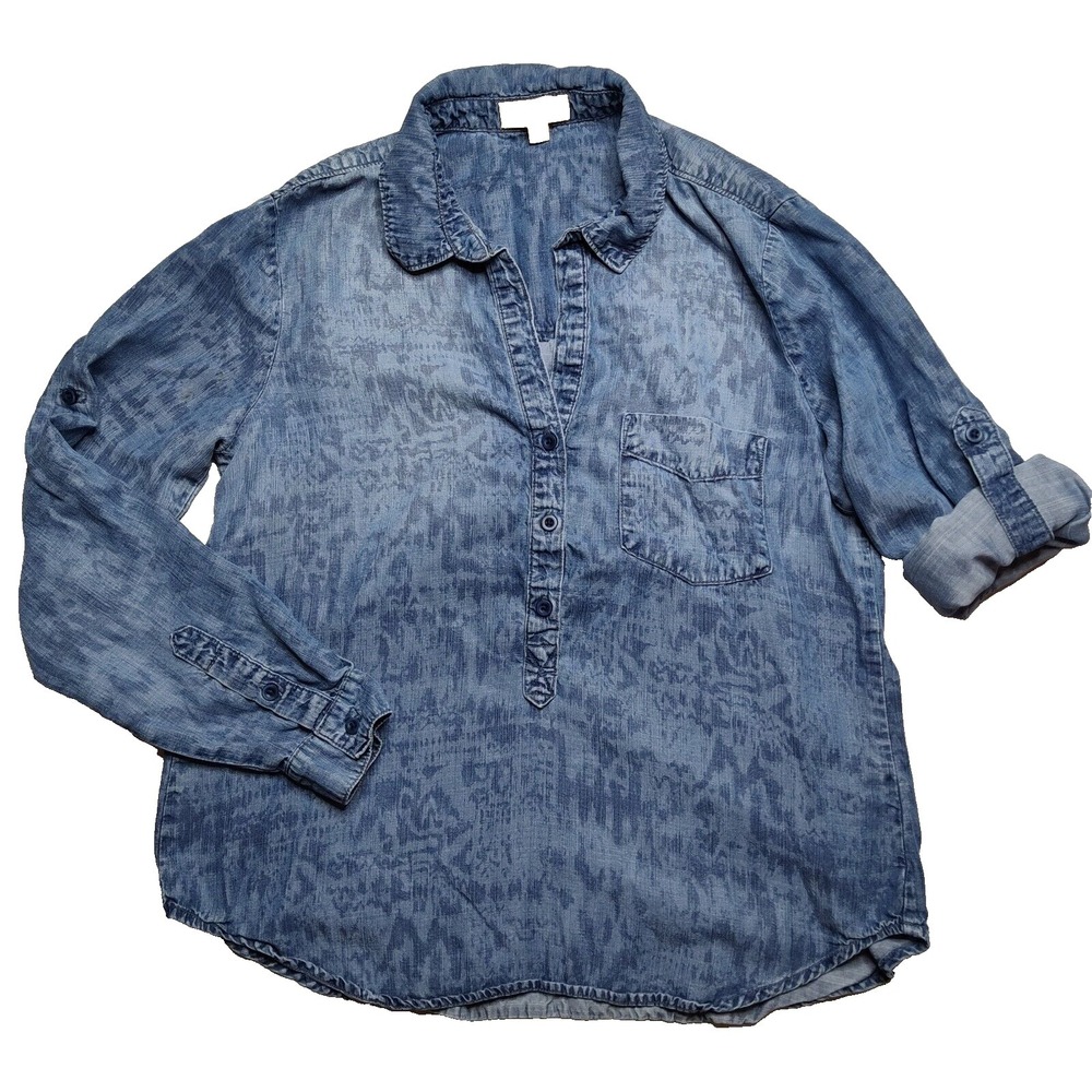 Cloth & Stone Women Medium Blue Tencel 1/2 Button Peasant Tunic Shirt